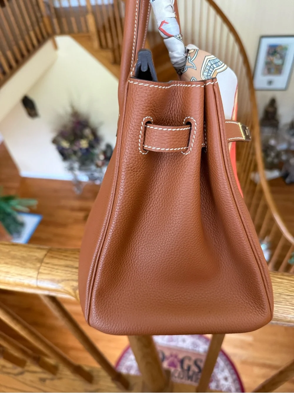 Pebbled Leather Togo  Top-Handle Satchel in gold on gold with Scarf accent 30CM